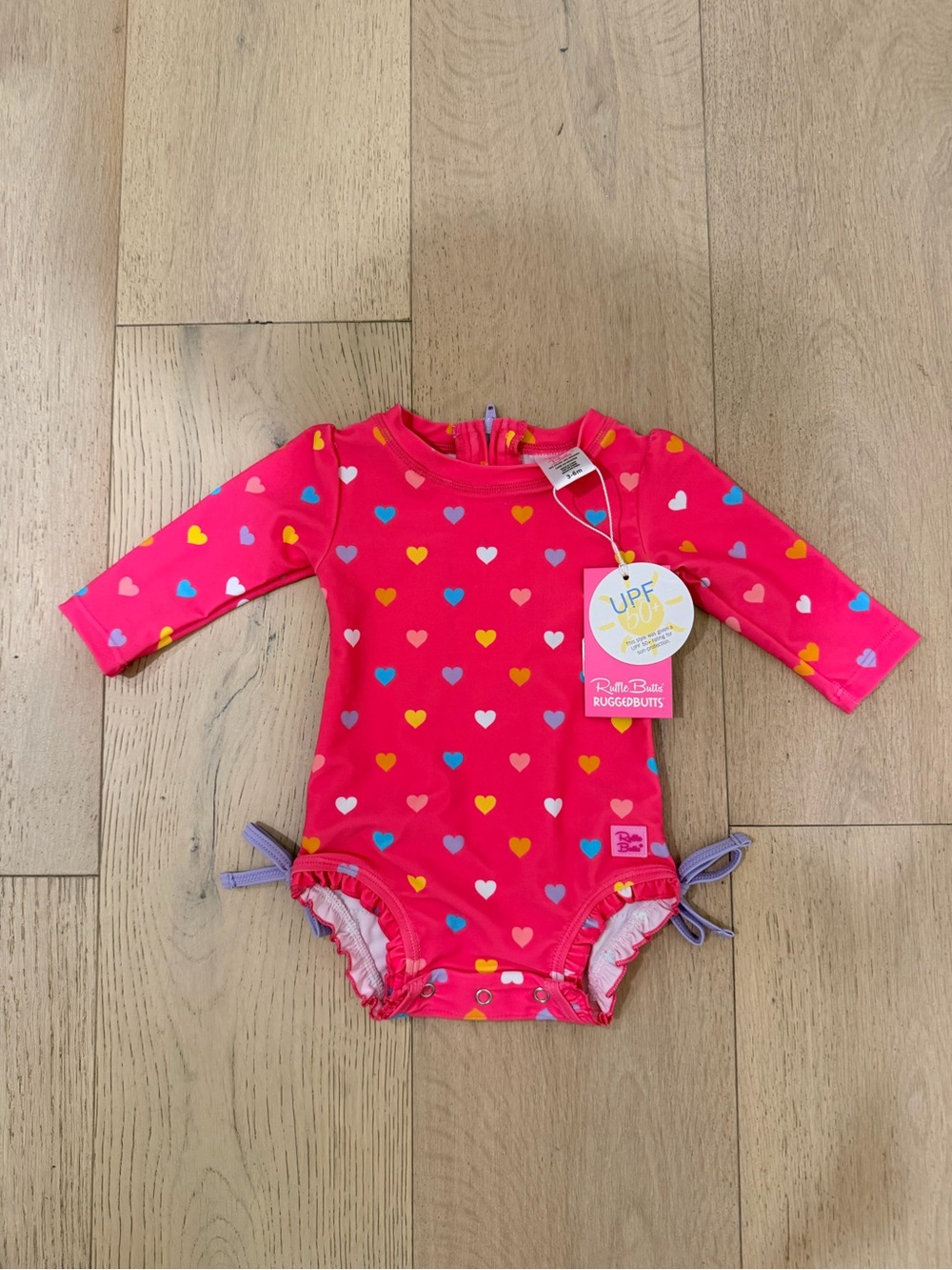 Ruffle Butts Hot Pink Heart Print Long Sleeve Swimsuit